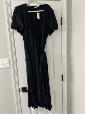 GAP Black Wrap Midi Dress with Flutter Sleeves